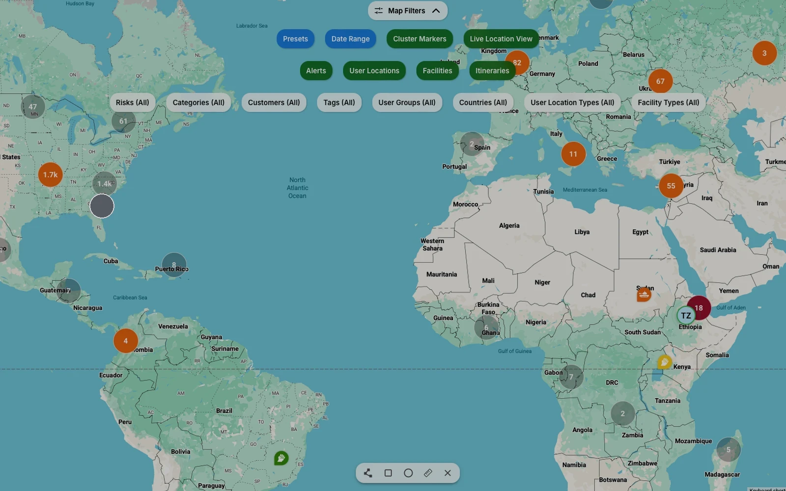 OR360 global awareness map with clustered activity markers